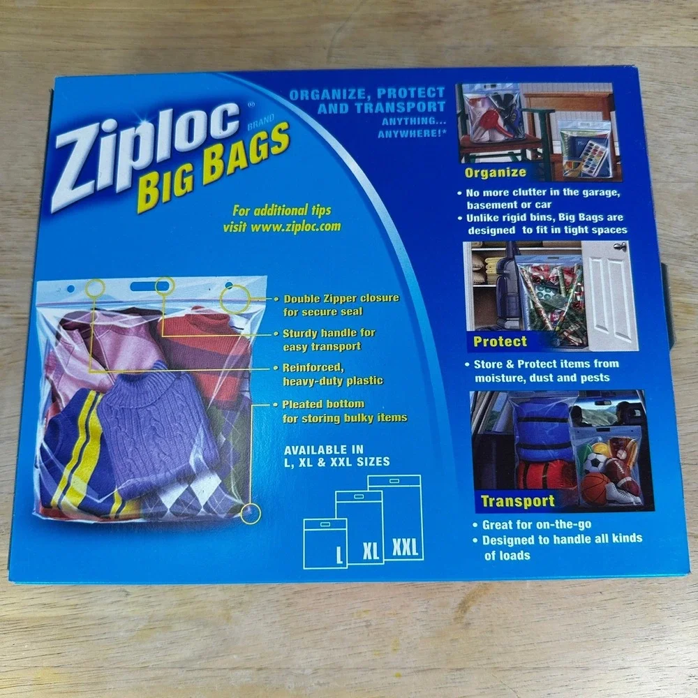 Ziploc Big Bags XL 10 Gallon Double Zipper Sturdy Handle 2 Boxes of 4 Bags NOS